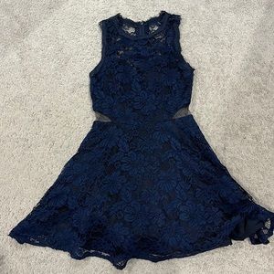 Xscape Navy Blue Laced Dress with black mesh on the sides